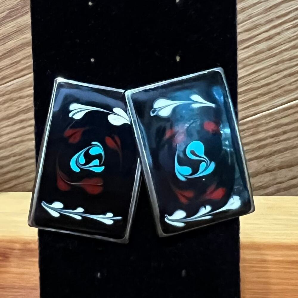 Vintage Southwestern Rectangle Stud‎ Pierced Earrings Turquoise Red White Black